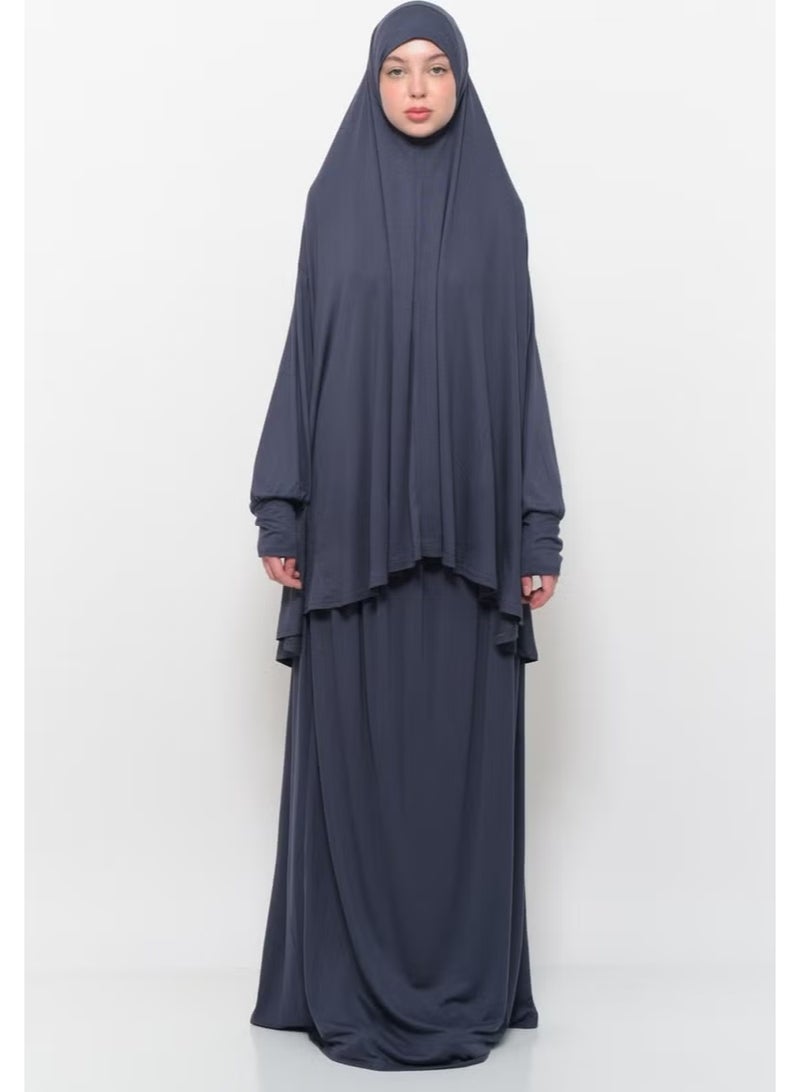 Altobeh Practical Two Piece Cotton Bat Sleeve Headscarf Organic Hijab Prayer Dress-Smoke - Image 1